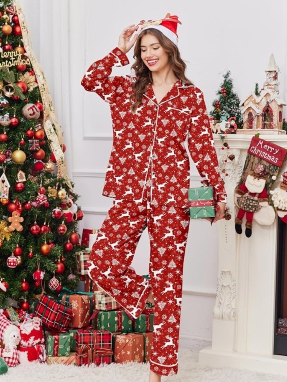 EKOUAER Satin Pajama Set Holiday Reindeer Red and White Button Down Size 2X - Picture 2 of 16